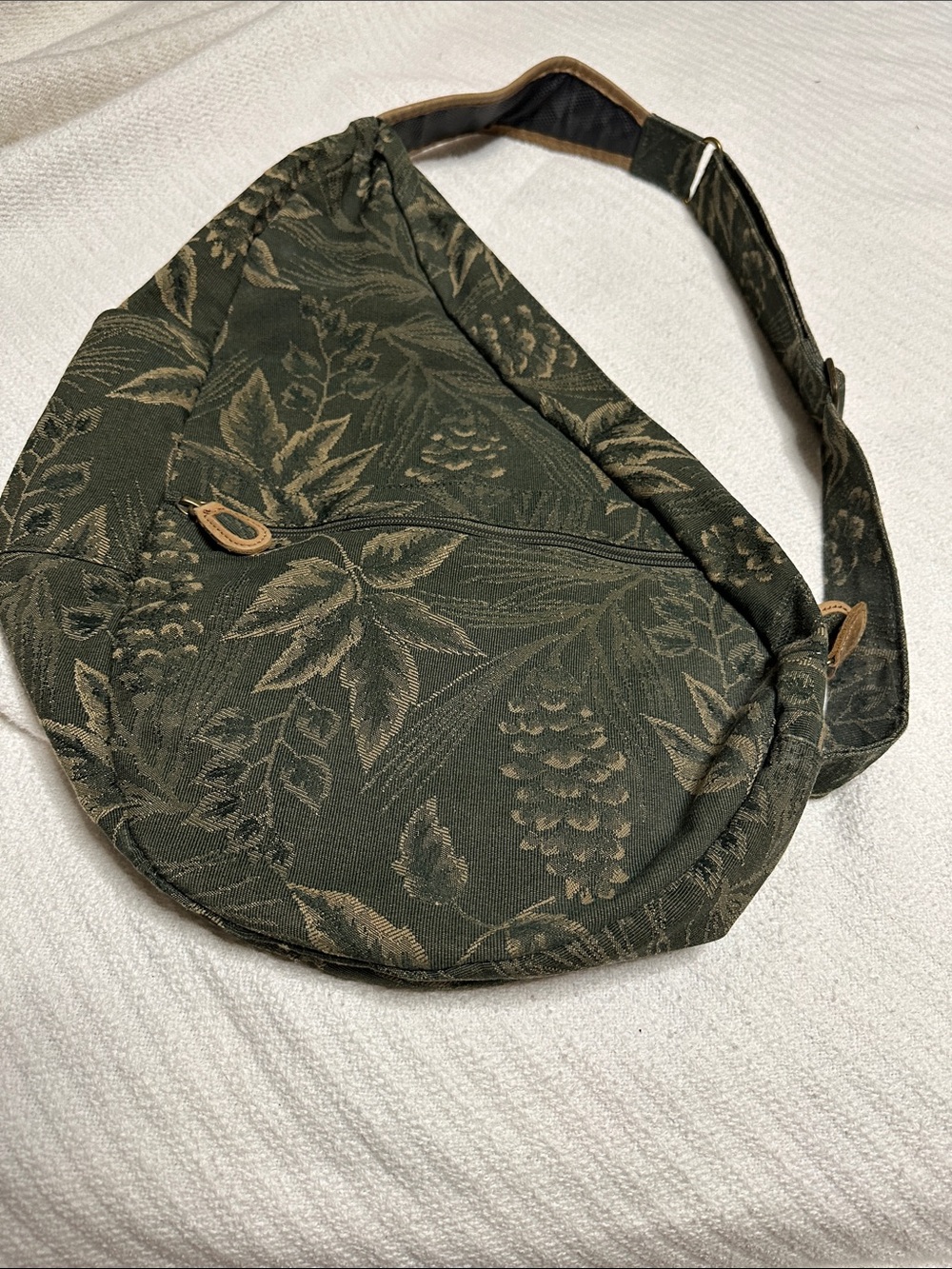 L L bean green pine cone tapestry sling bag